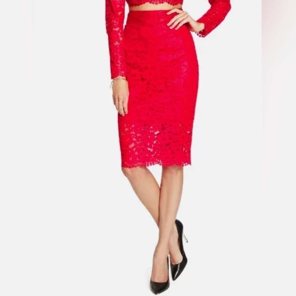 Marciano Red Hot Rebelle Metallic Lace Piya Long Sleeve Crop Top + Skirt Set - Picture 2 of 16